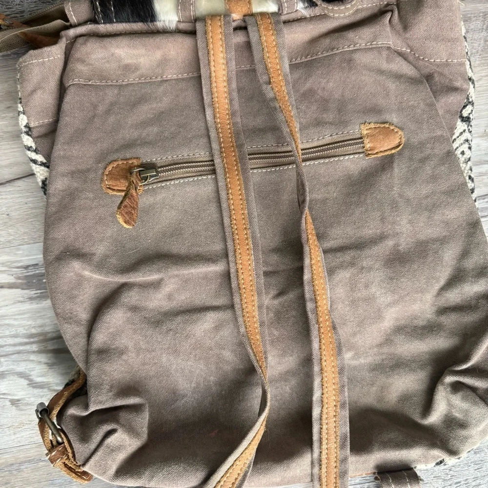 Myra Bag Women’s Western Upcycled Cancas And Cowhide Leather Backpack.